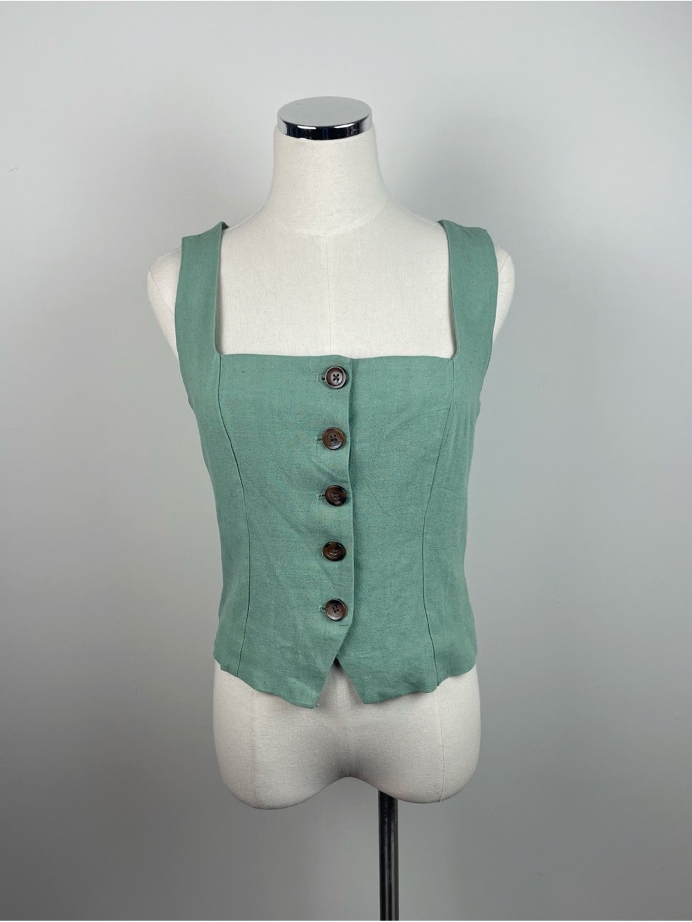 Tgla Solid Green Linen Square Neck Tortoise Brown Button Blouse Top Medium